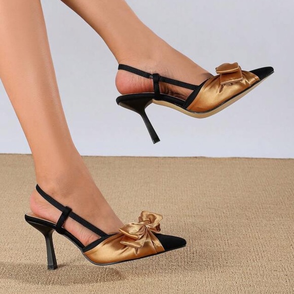 Black & gold Bow Knot Pointed Toe stiletto Pump slingback heels - Picture 5 of 5